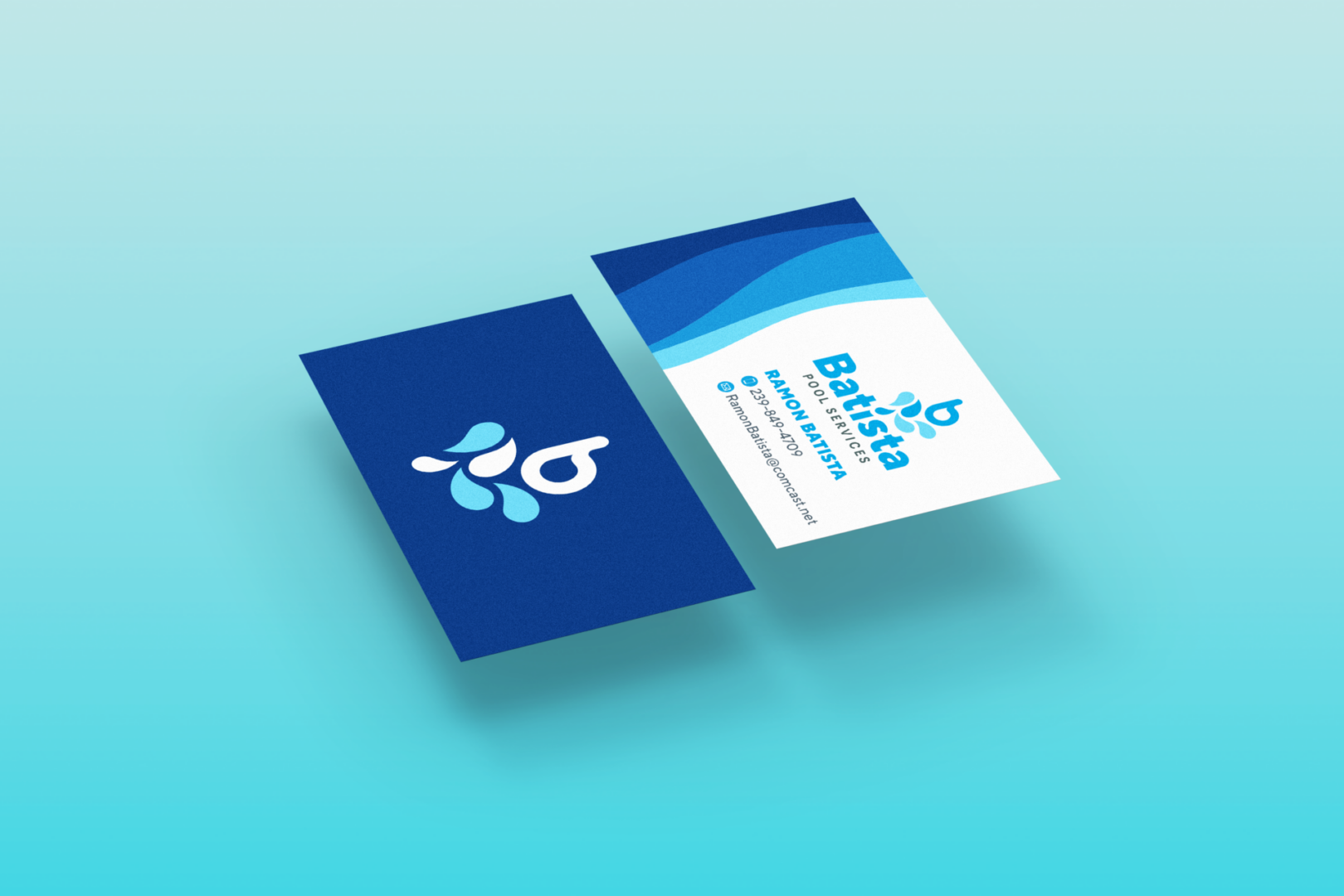 Blue water-themed business cards on turquoise background