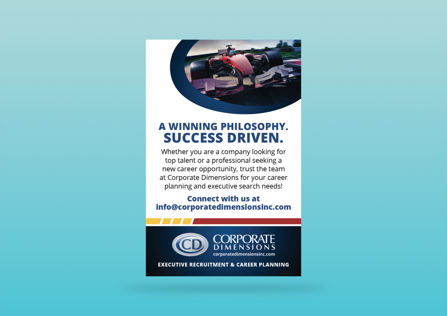 Corporate Dimensions recruitment flyer with racecar