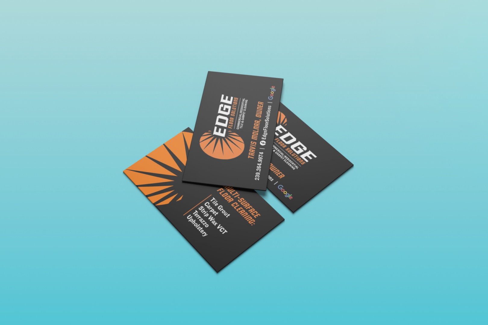 Three black business cards with orange logo