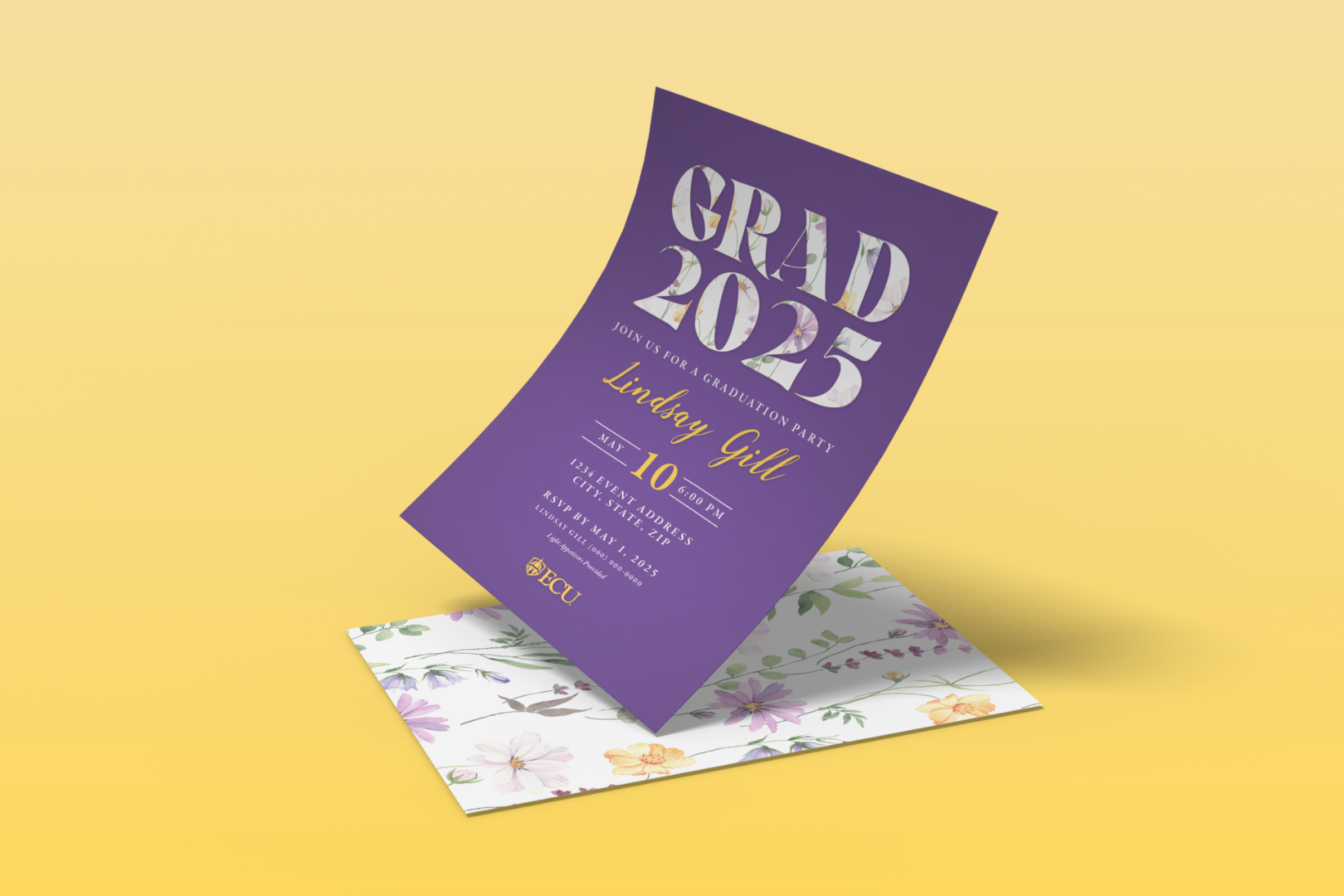 Purple Grad 2025 invitation with floral envelope