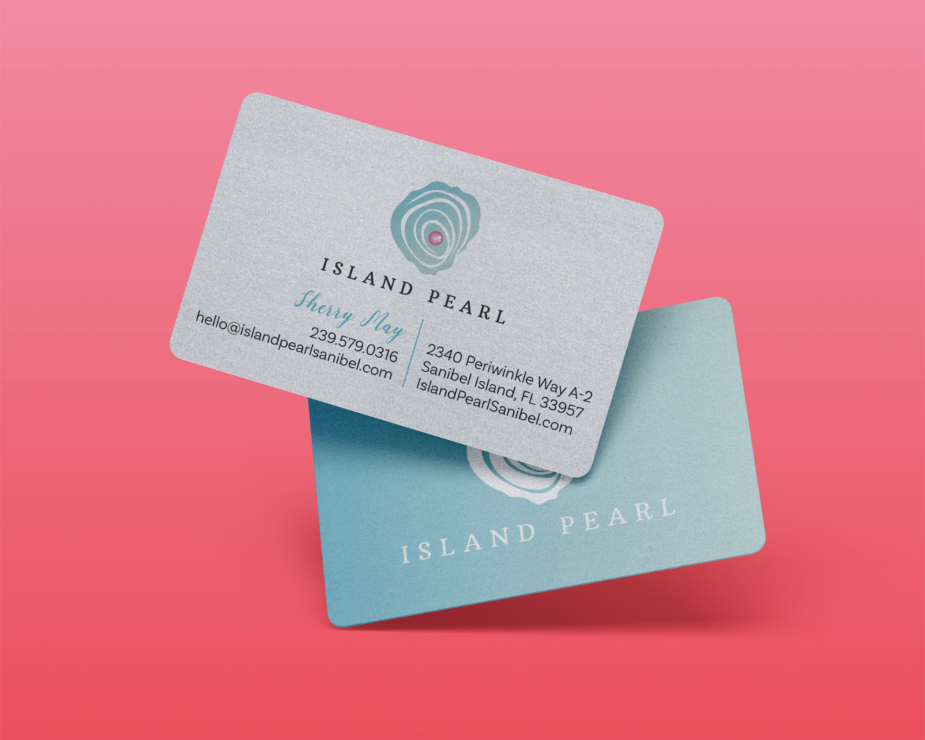 Island Pearl business cards with oyster logo