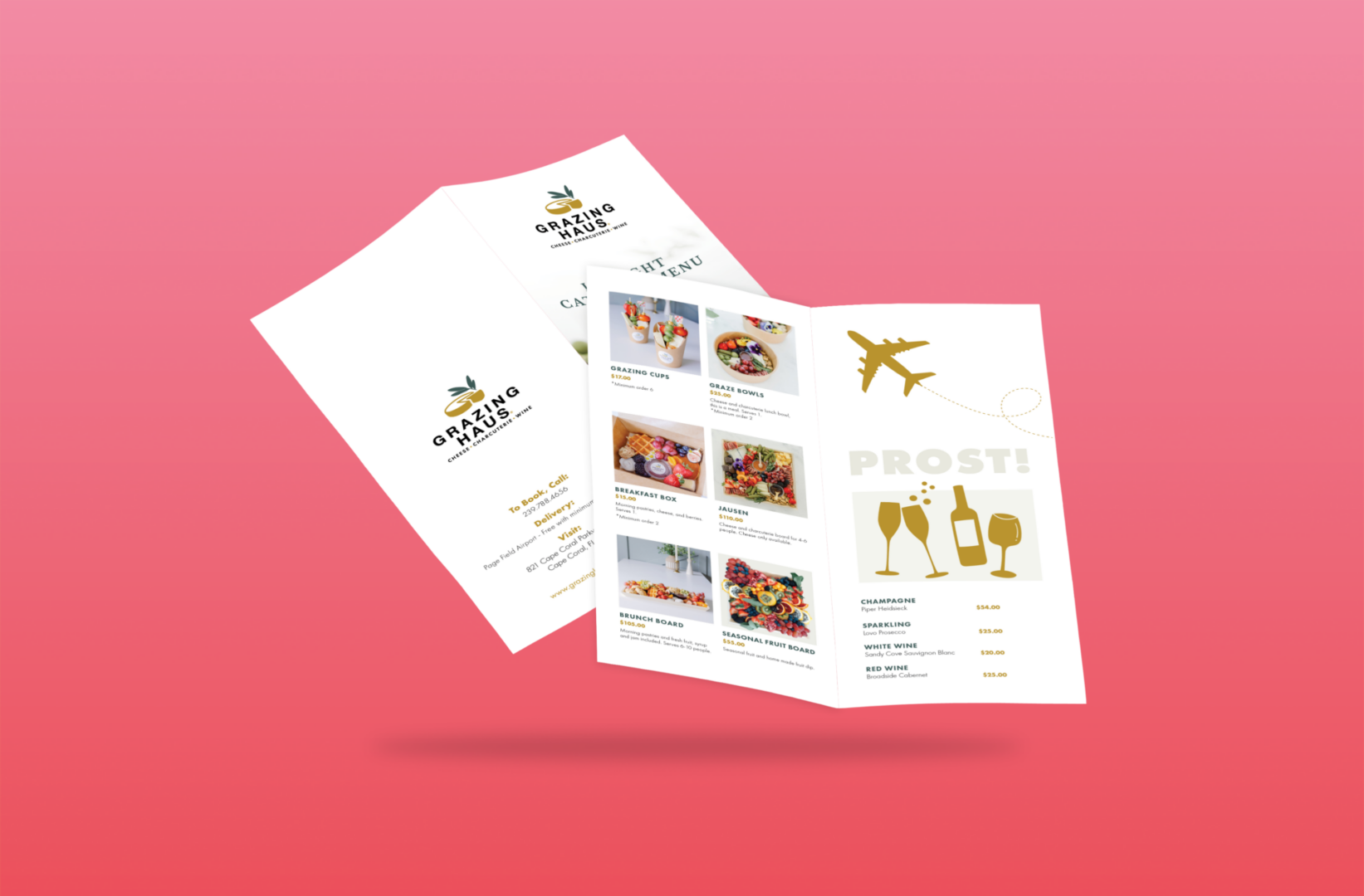 Tri-fold catering menu with food photos