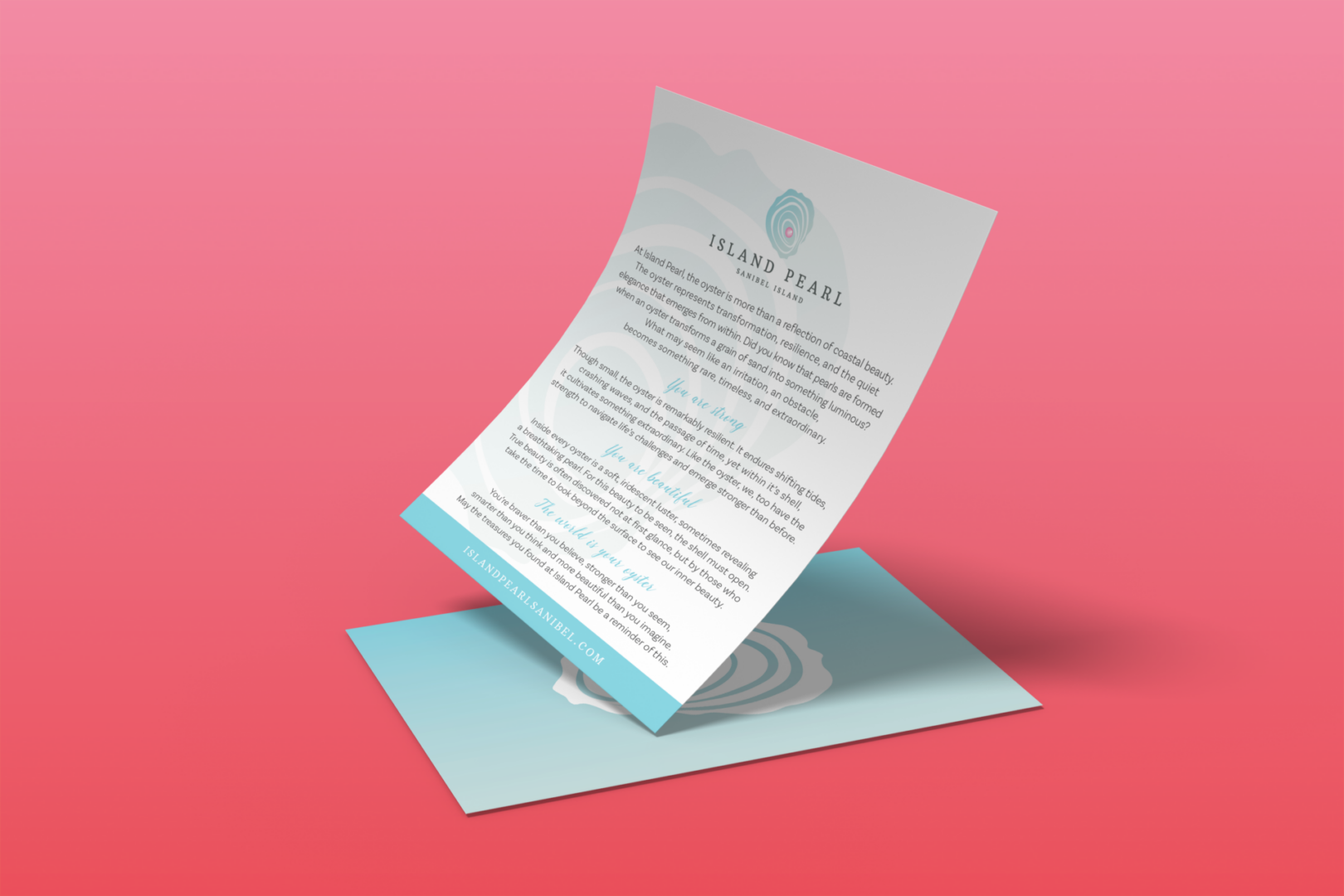 Turquoise brochure and envelope on pink background
