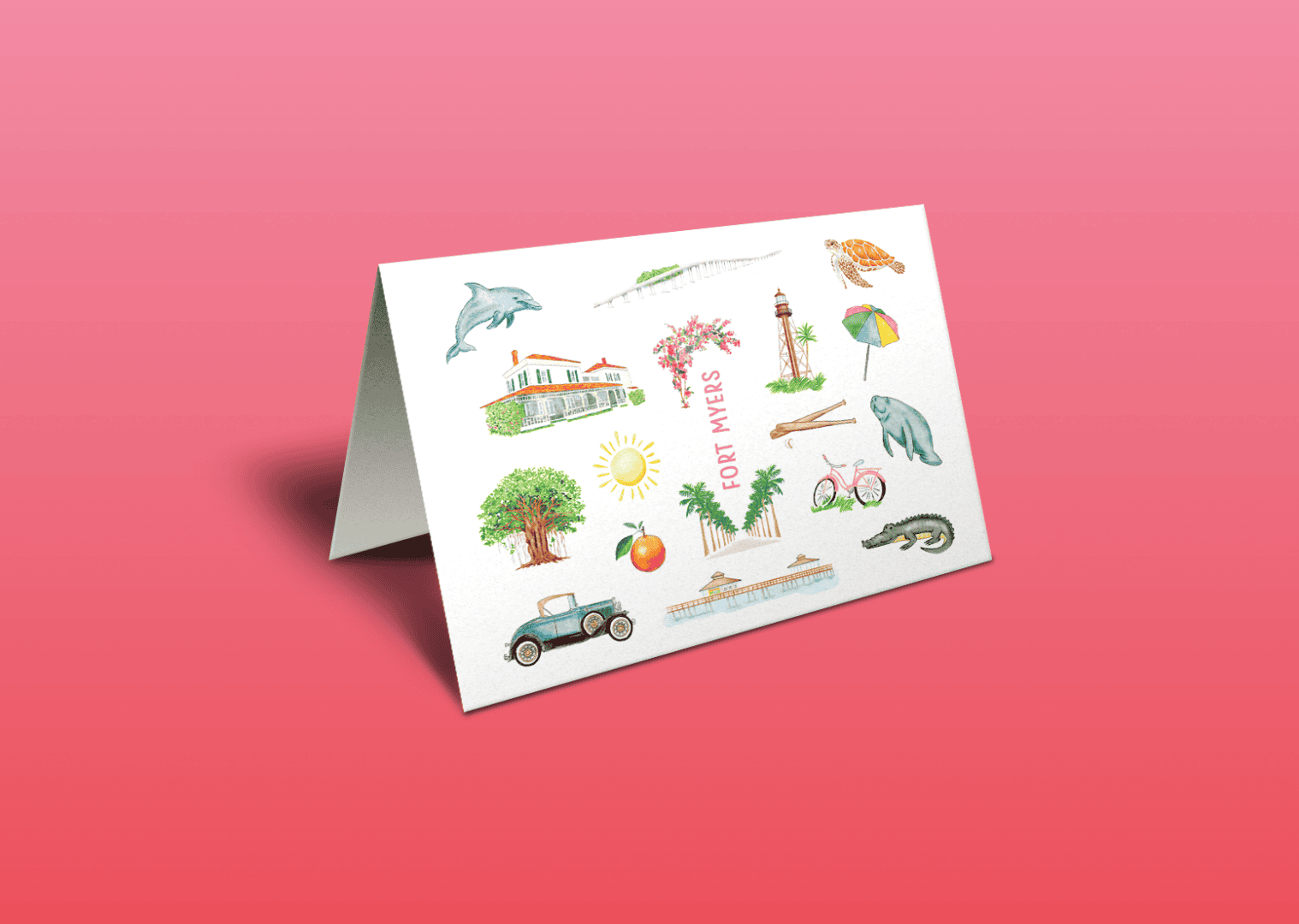 Folded greeting card with beach illustrations