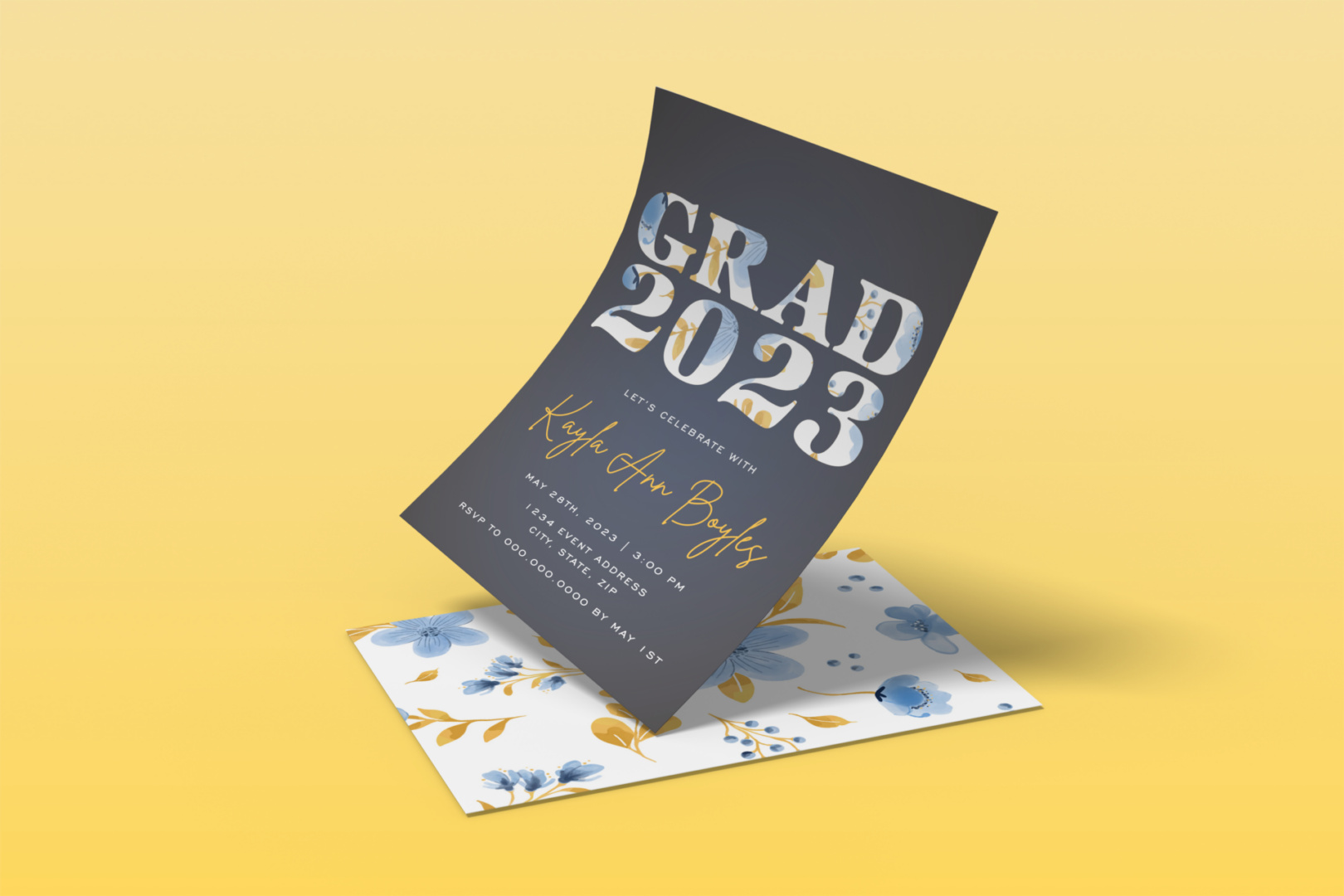 Navy "Grad 2023" announcement card with envelope