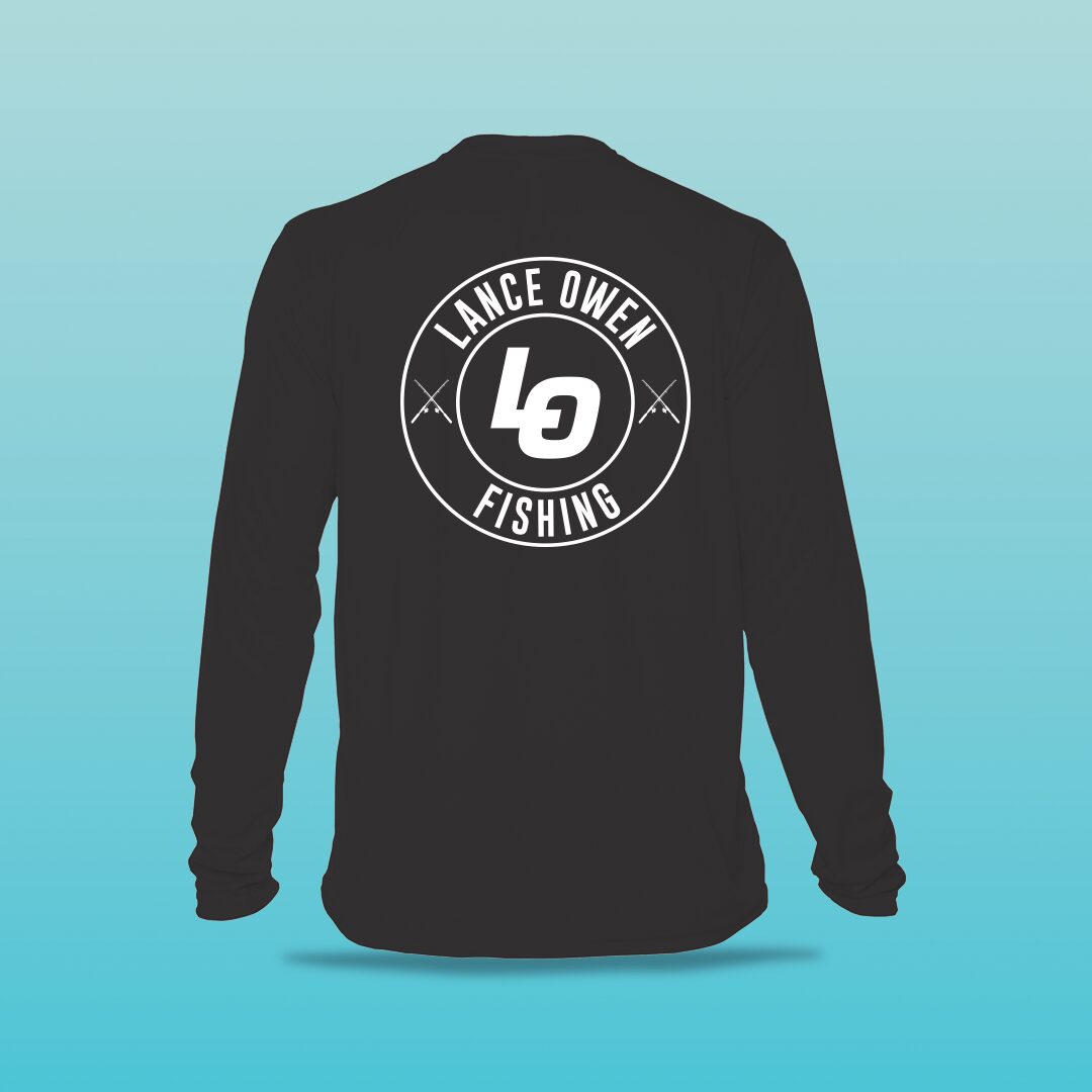 Black long-sleeve shirt with Lance Owen logo