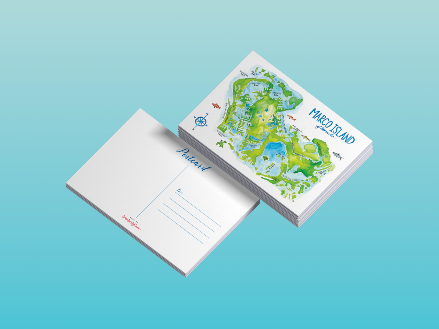 Stack of illustrated island postcards with map