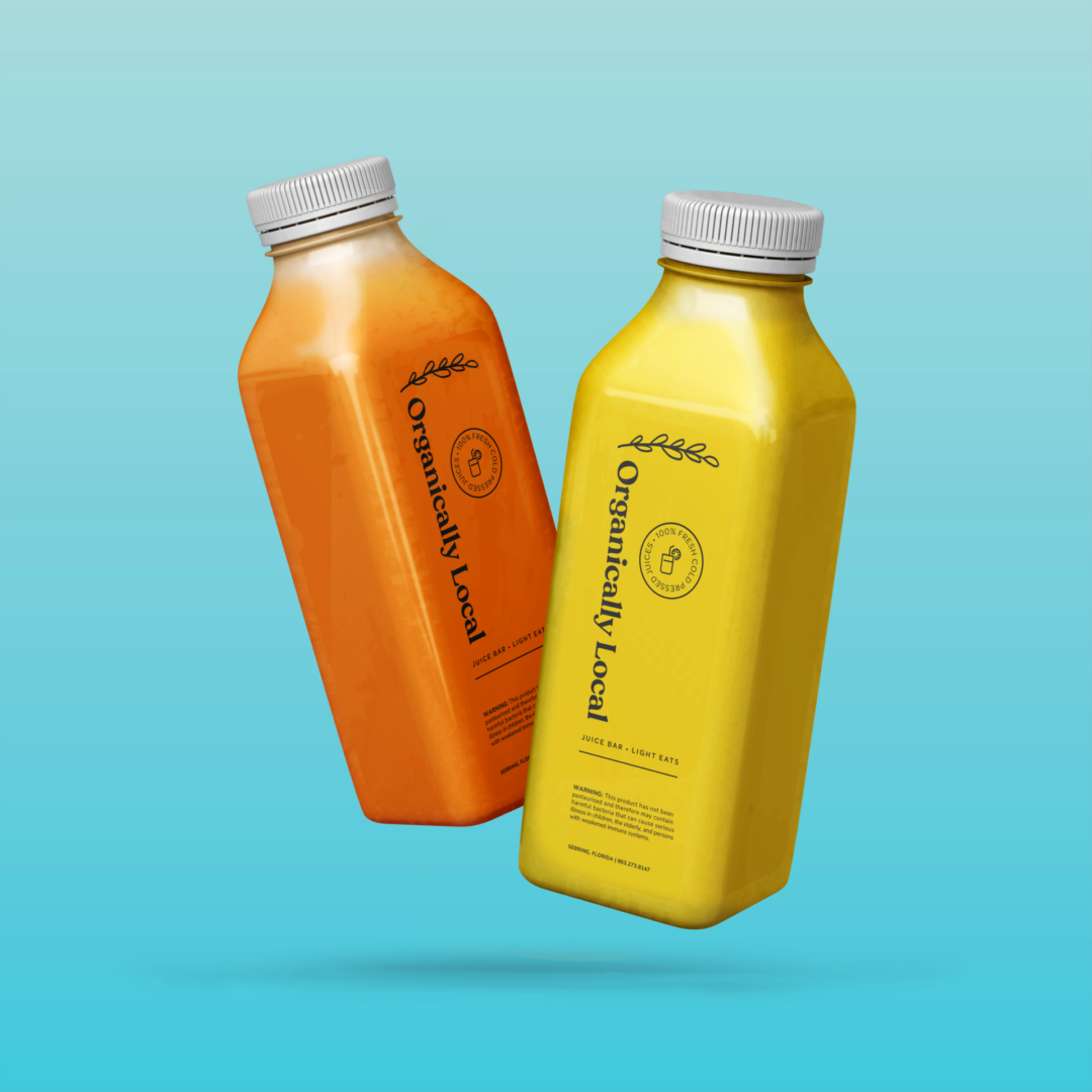 Two organic juice bottles, orange and yellow