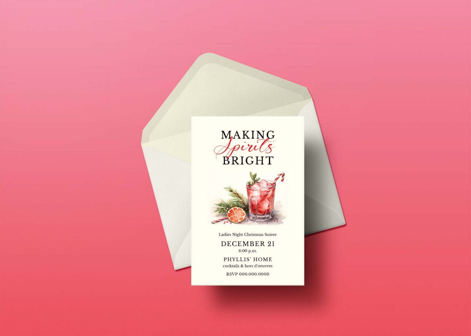 Holiday cocktail invitation card in open envelope