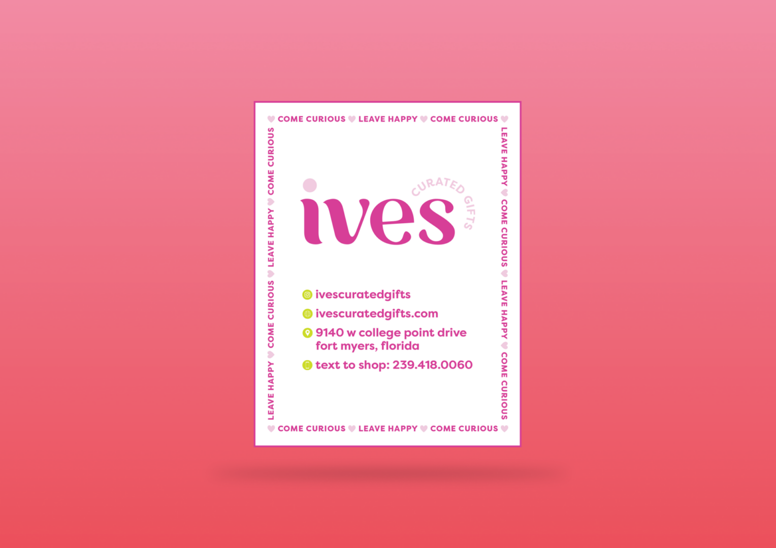 Ives curated gifts business card on pink