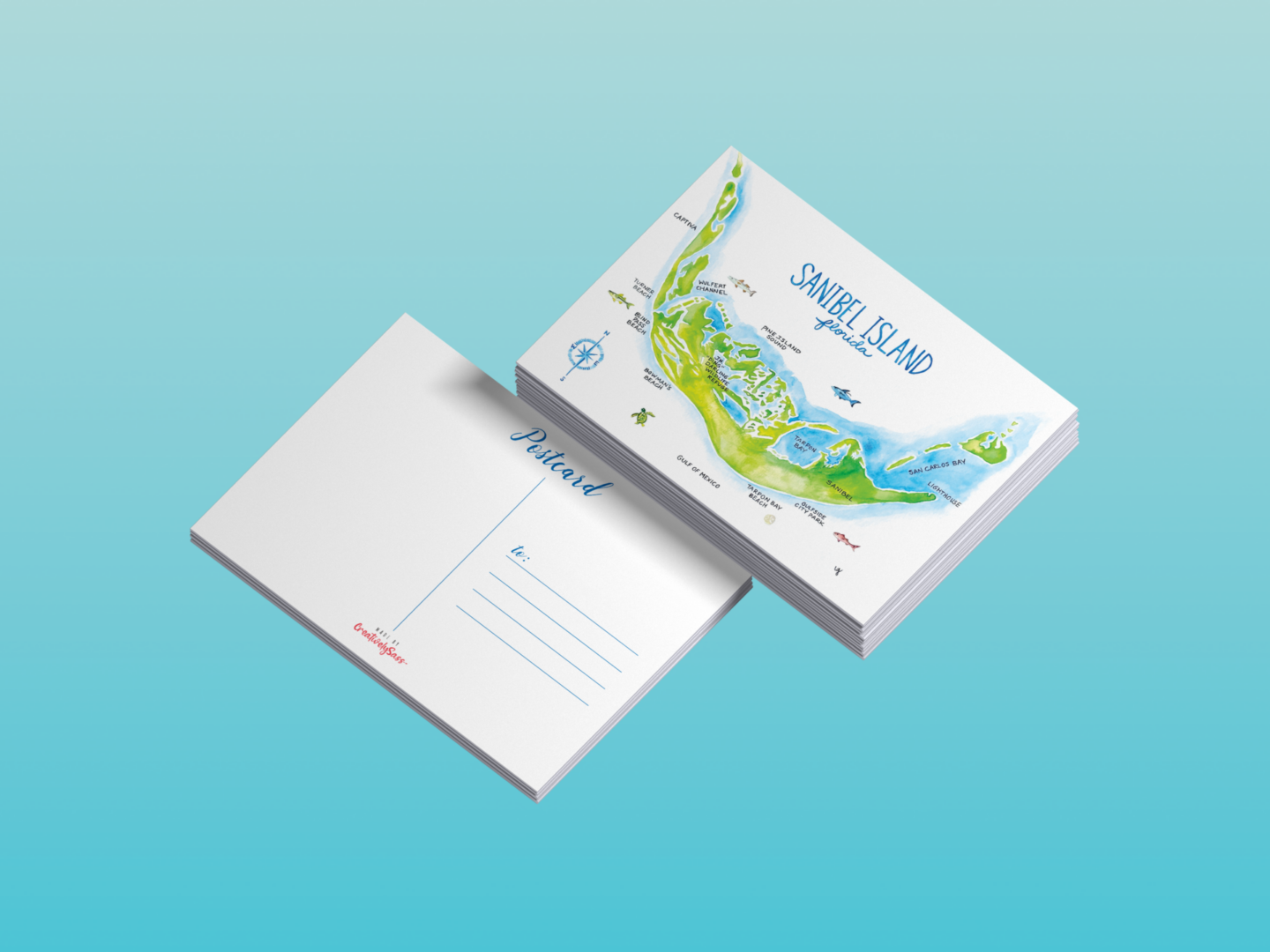 Sanibel Island map postcards on teal background
