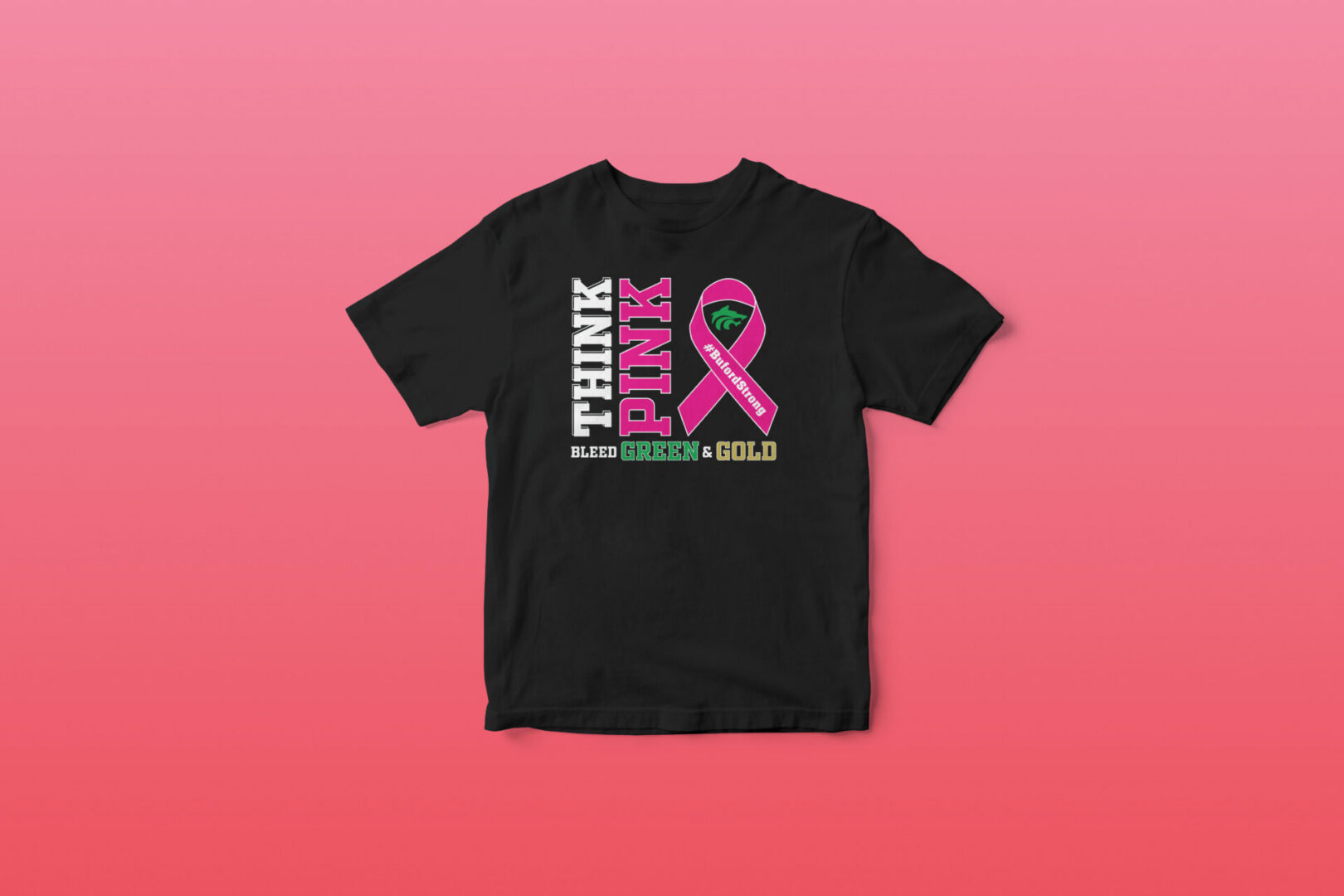 Black t-shirt reading Think Pink with ribbon